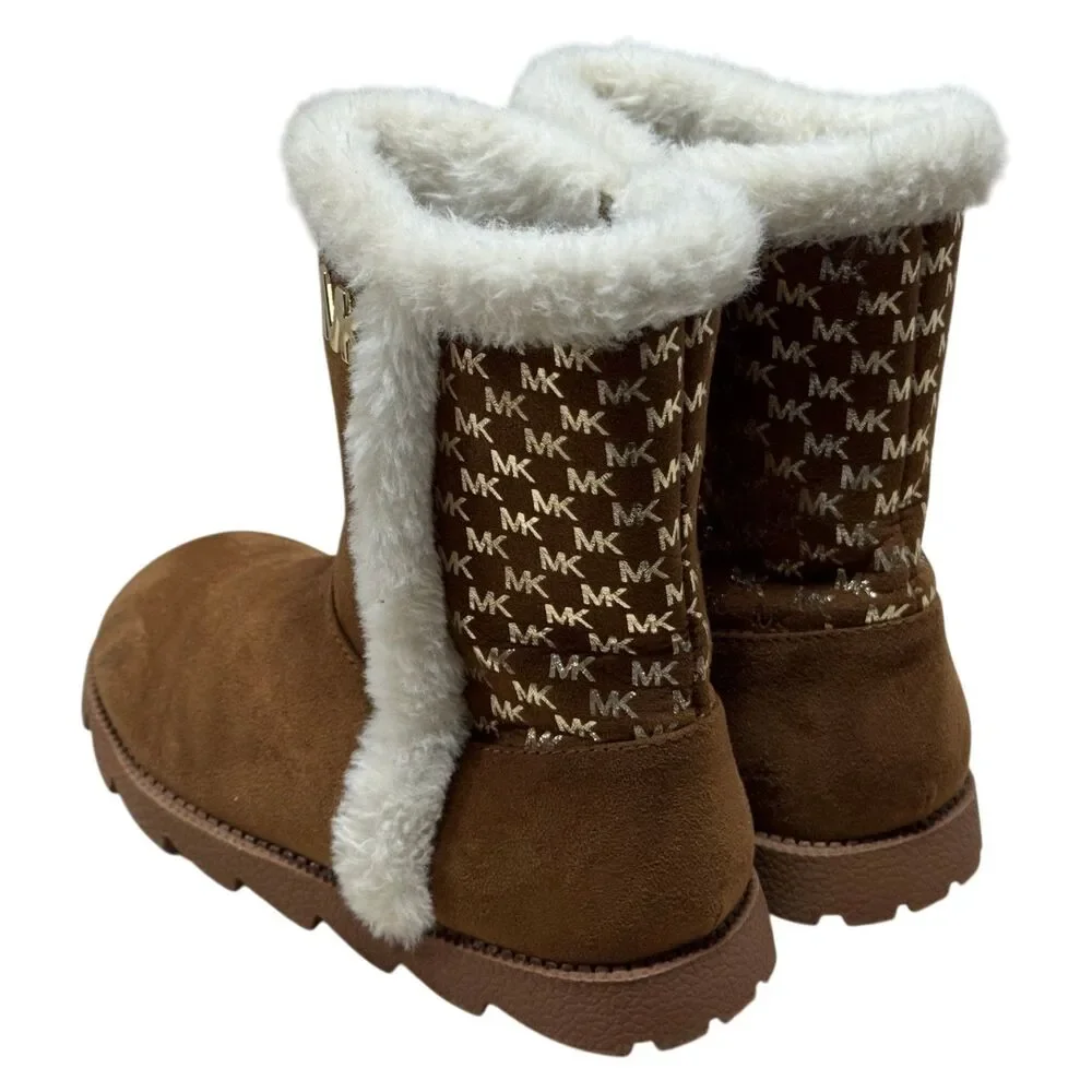 Michael Kors MK Girls Faux Fur Boots Brown Logo Winter Boot Size 1